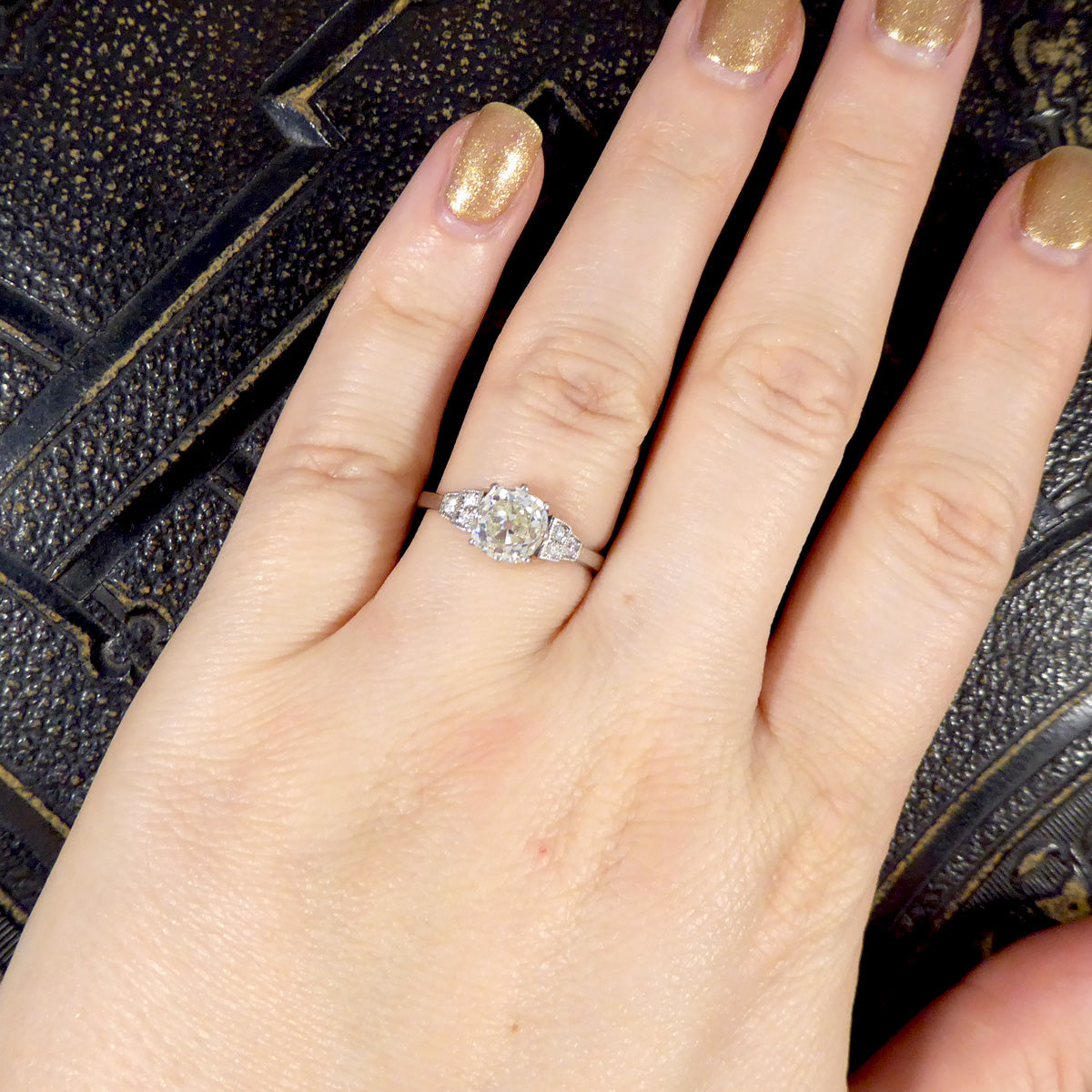 1.70ct Old European Cushion Cut Diamond Solitaire with Diamond Shoulders in Platinum - Wharfedale Antiques