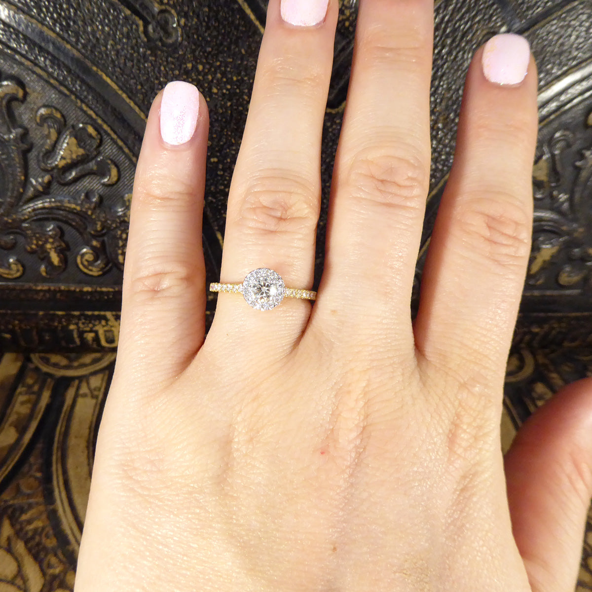 Diamond Cluster Halo Engagement Wedfit Ring with Diamond Shoulders in 18ct Yellow and White Gold - Wharfedale Antiques