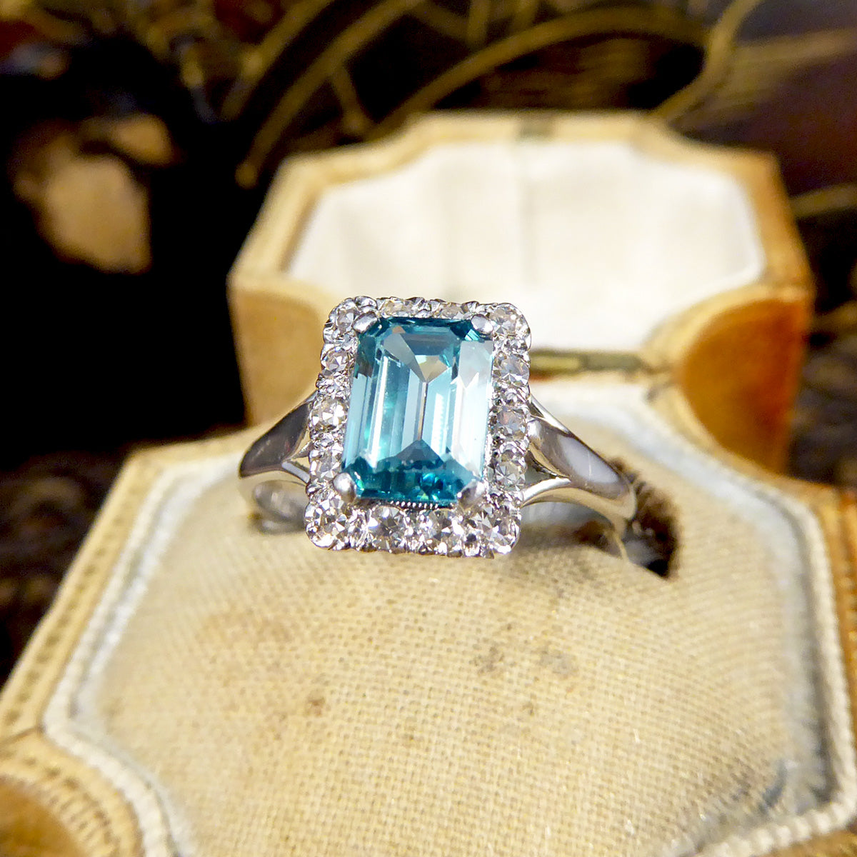 Blue Zircon and Diamond Cluster ring in 18ct White Gold and Platinum - Wharfedale Antiques