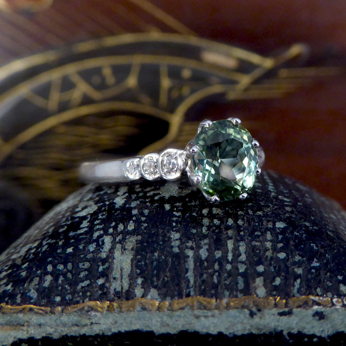 Enchanting Green Tourmaline Ring with Diamond Shoulders in 18ct White Gold - Wharfedale Antiques