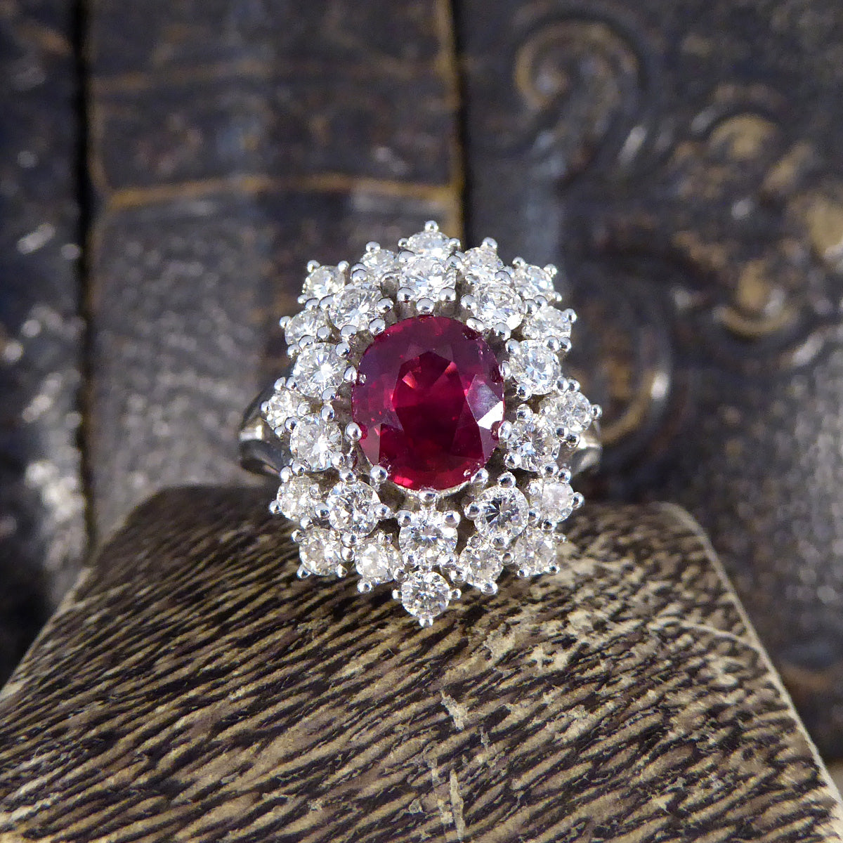 Contemporary 1.80ct No Heat Ruby and 1.28ct Diamond Double Cluster Ring in 18ct White Gold - Wharfedale Antiques