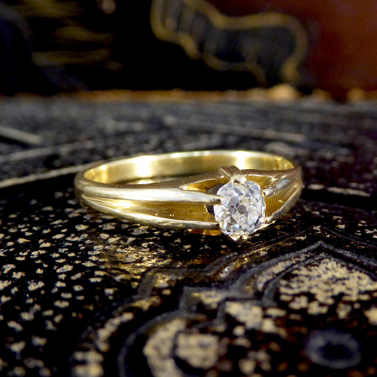 Late Victorian Old Cushion Cut Diamond Belcher set Ring in 18ct Yellow Gold