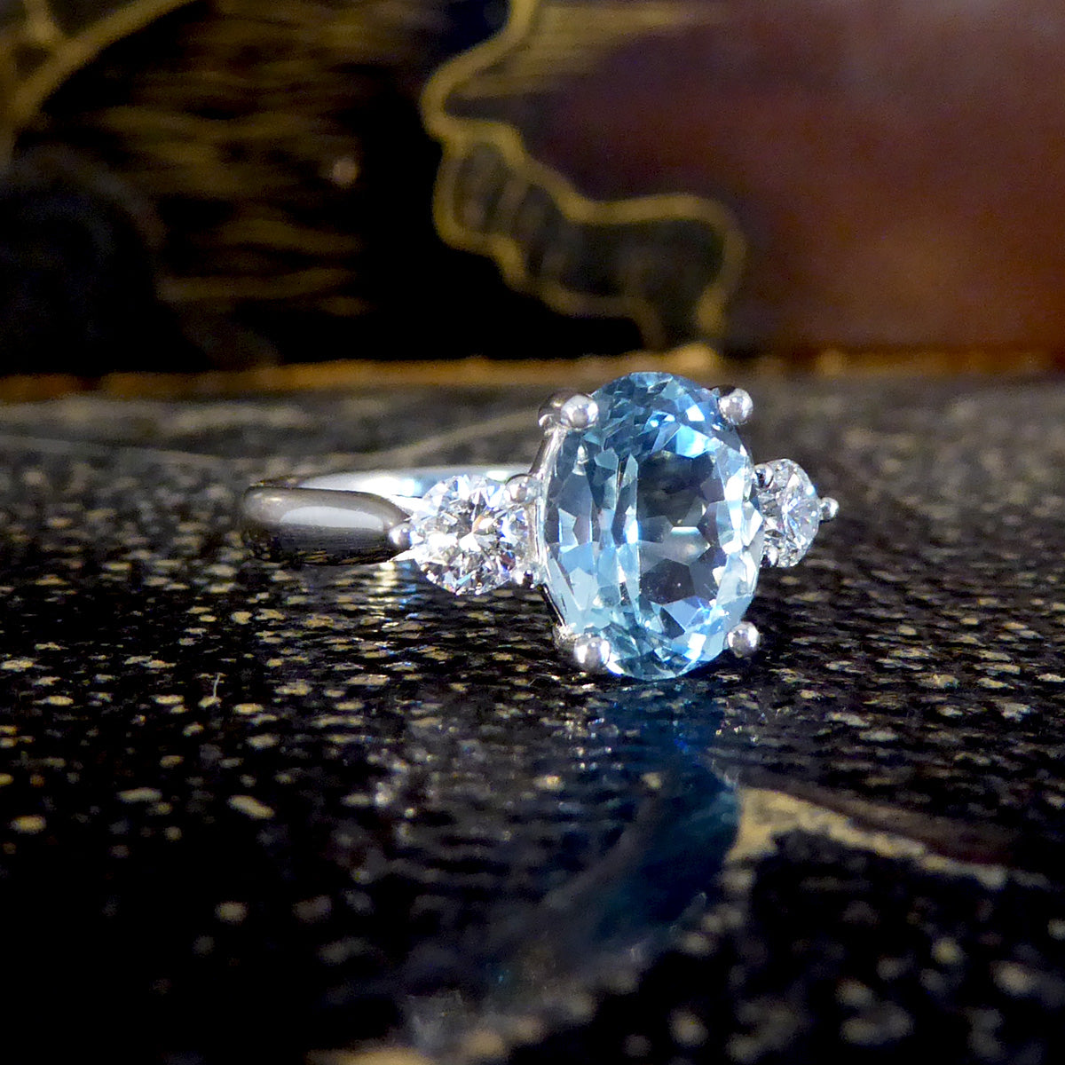Classic 1.93ct Oval Cut Aquamarine and Diamond Three Stone Ring in Platinum - Wharfedale Antiques