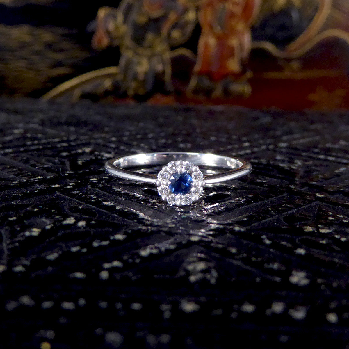 Sapphire and Diamond Circular Cluster Ring in 18ct White Gold - Wharfedale Antiques