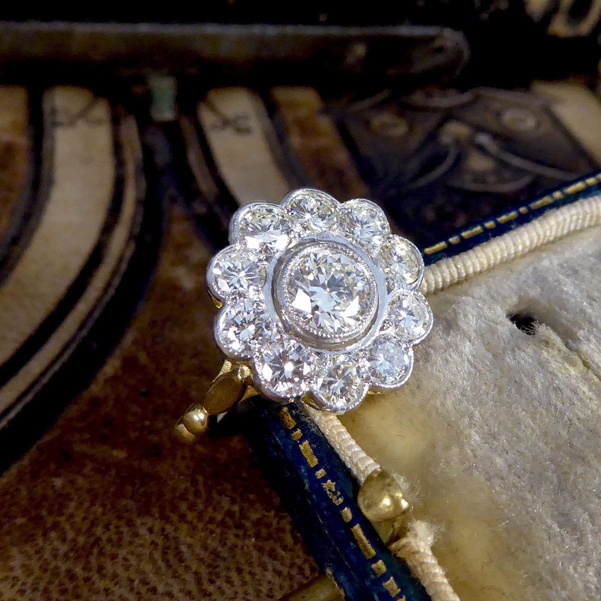 1.85ct Diamond Daisy Halo Cluster Ring set in 18ct Yellow Gold and Platinum - Wharfedale Antiques