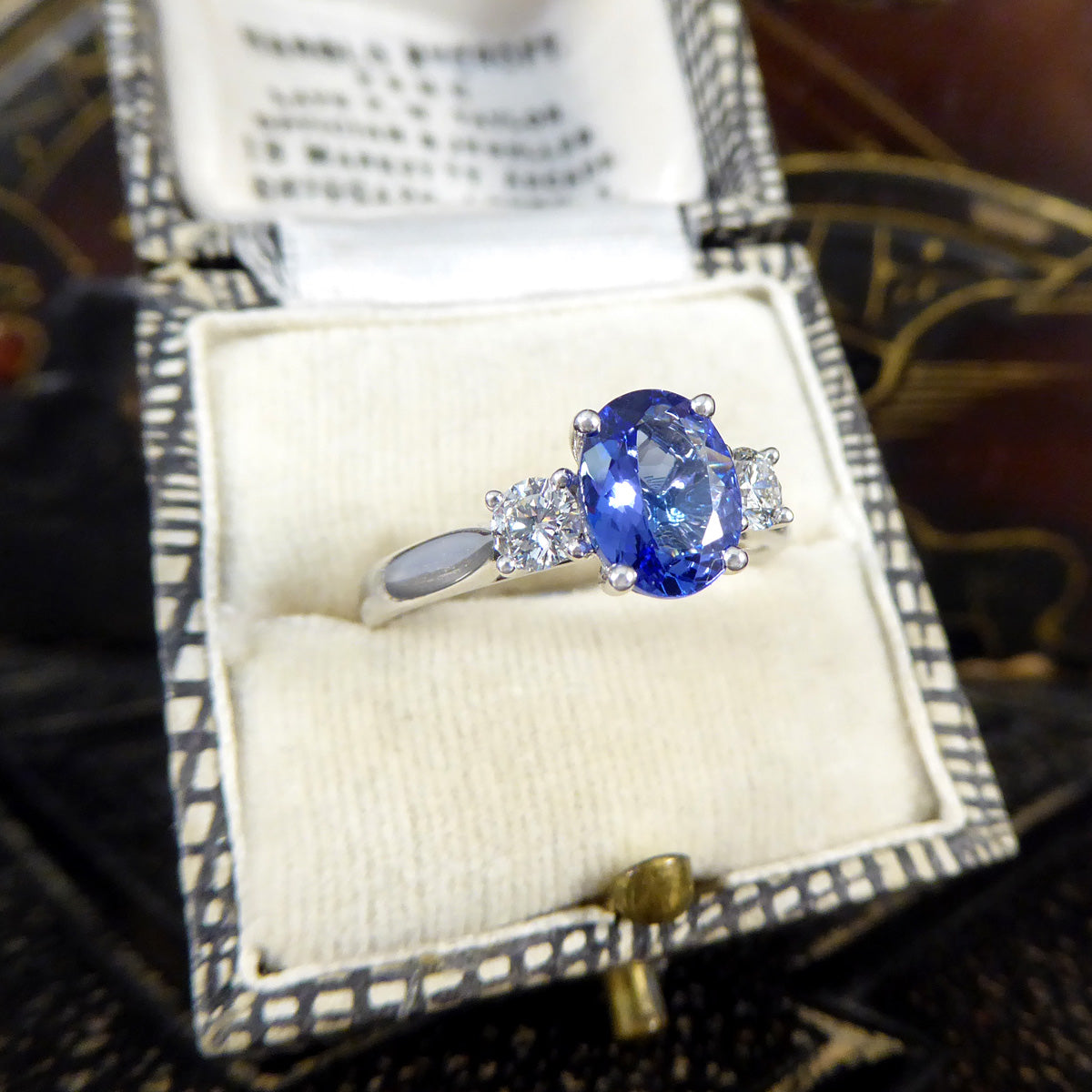 Tanzanite and Diamond Three Stone Ring in 18ct White Gold - Wharfedale Antiques