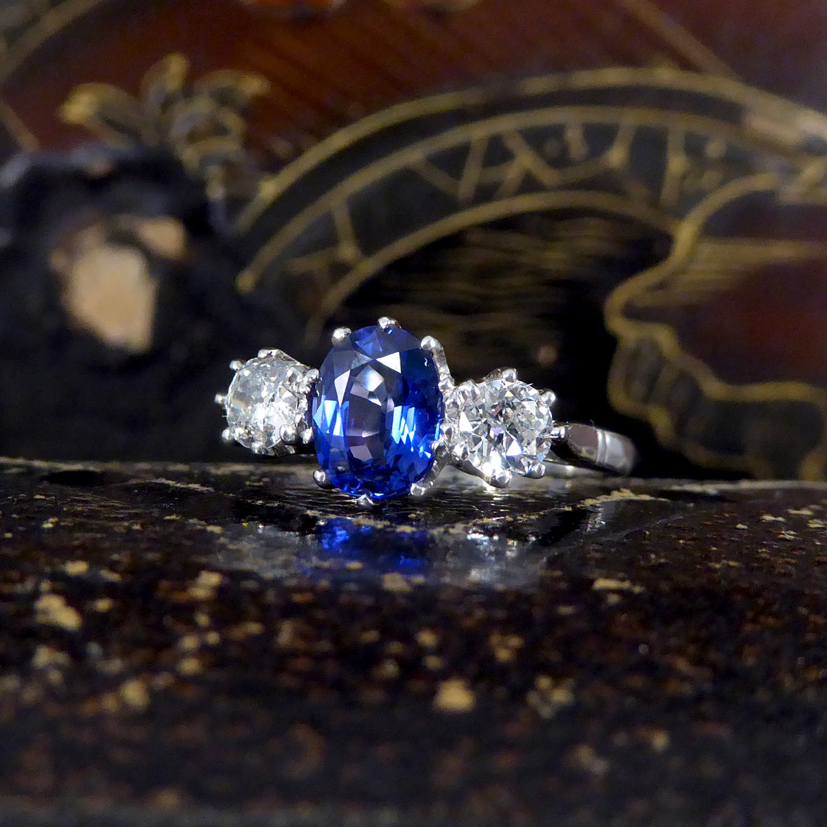 1.50ct Sapphire and 0.55ct Diamond Three Stone Ring in Platinum - Wharfedale Antiques