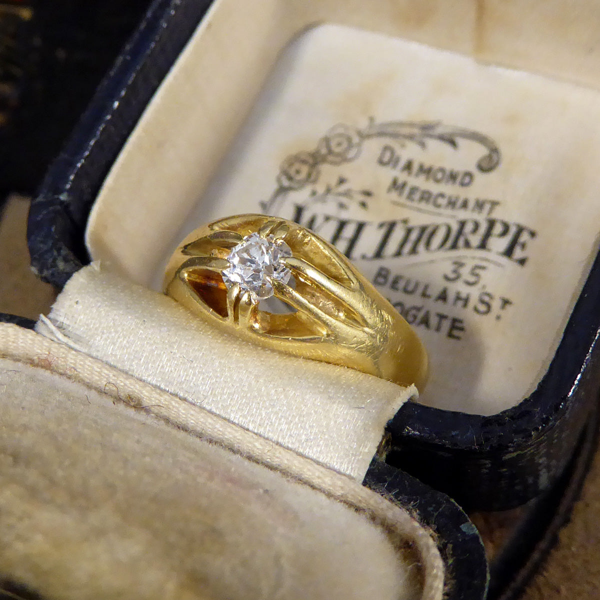 Late Victorian Old Cushion Cut Diamond Belcher Set Ring in 18ct Yellow Gold - Wharfedale Antiques