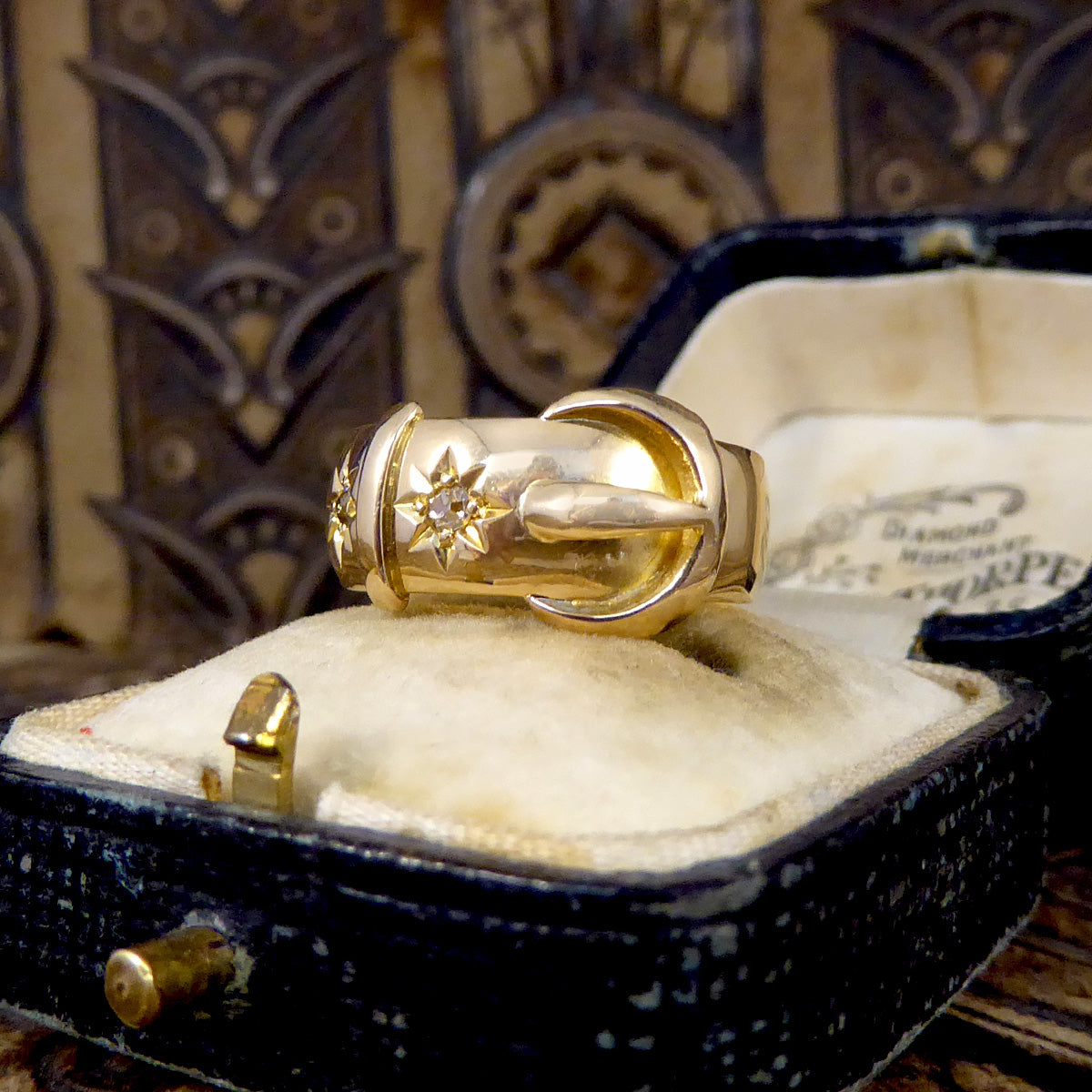 Antique C1919 Diamond set Buckle Ring in 18ct Yellow Gold - Wharfedale Antiques