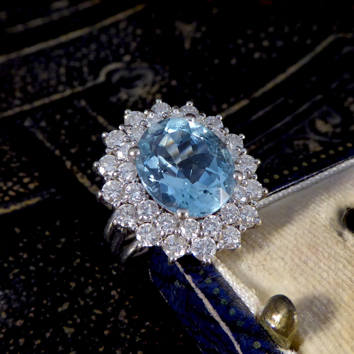 4.30ct Aquamarine and Diamond Double Cluster Ring in 18ct White Gold - Wharfedale Antiques