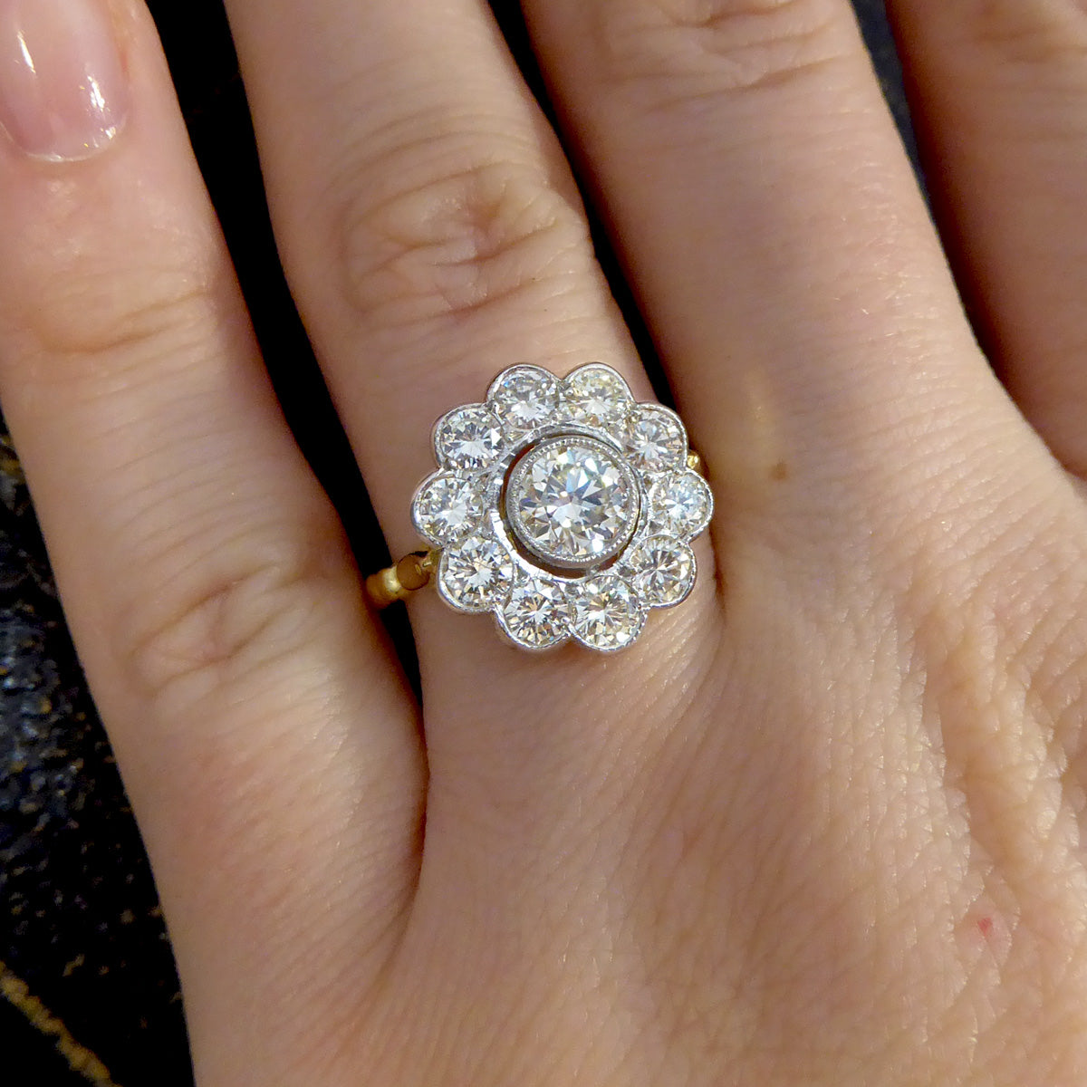 1.85ct Diamond Daisy Halo Cluster Ring set in 18ct Yellow Gold and Platinum - Wharfedale Antiques