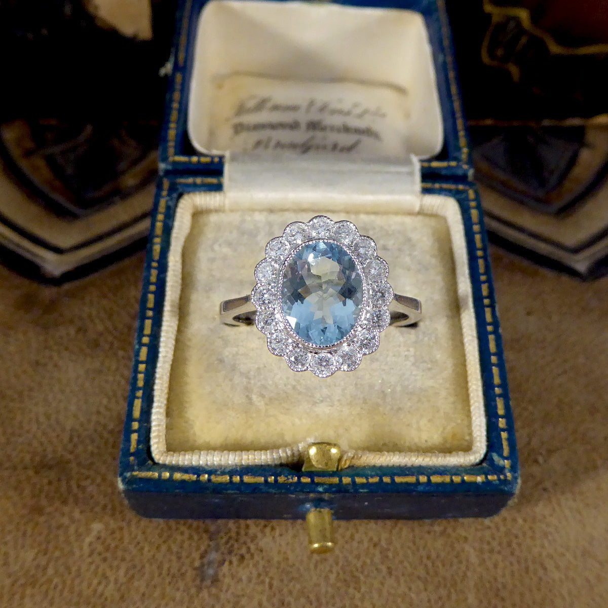 Vintage style 1.69ct Aquamarine and Diamond Cluster Ring in 18ct White Gold - Wharfedale Antiques