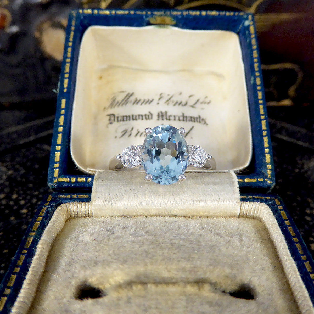Classic 1.93ct Oval Cut Aquamarine and Diamond Three Stone Ring in Platinum - Wharfedale Antiques