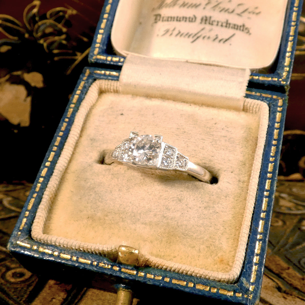 Art Deco Inspired Diamond Ring with Diamond Staged Shoulders in Platinum - Wharfedale Antiques