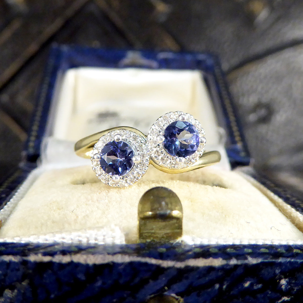 Edwardian Style Tanzanite and Diamond Cluster Toi Et Moi Twist Ring in Yellow and White Gold - Wharfedale Antiques