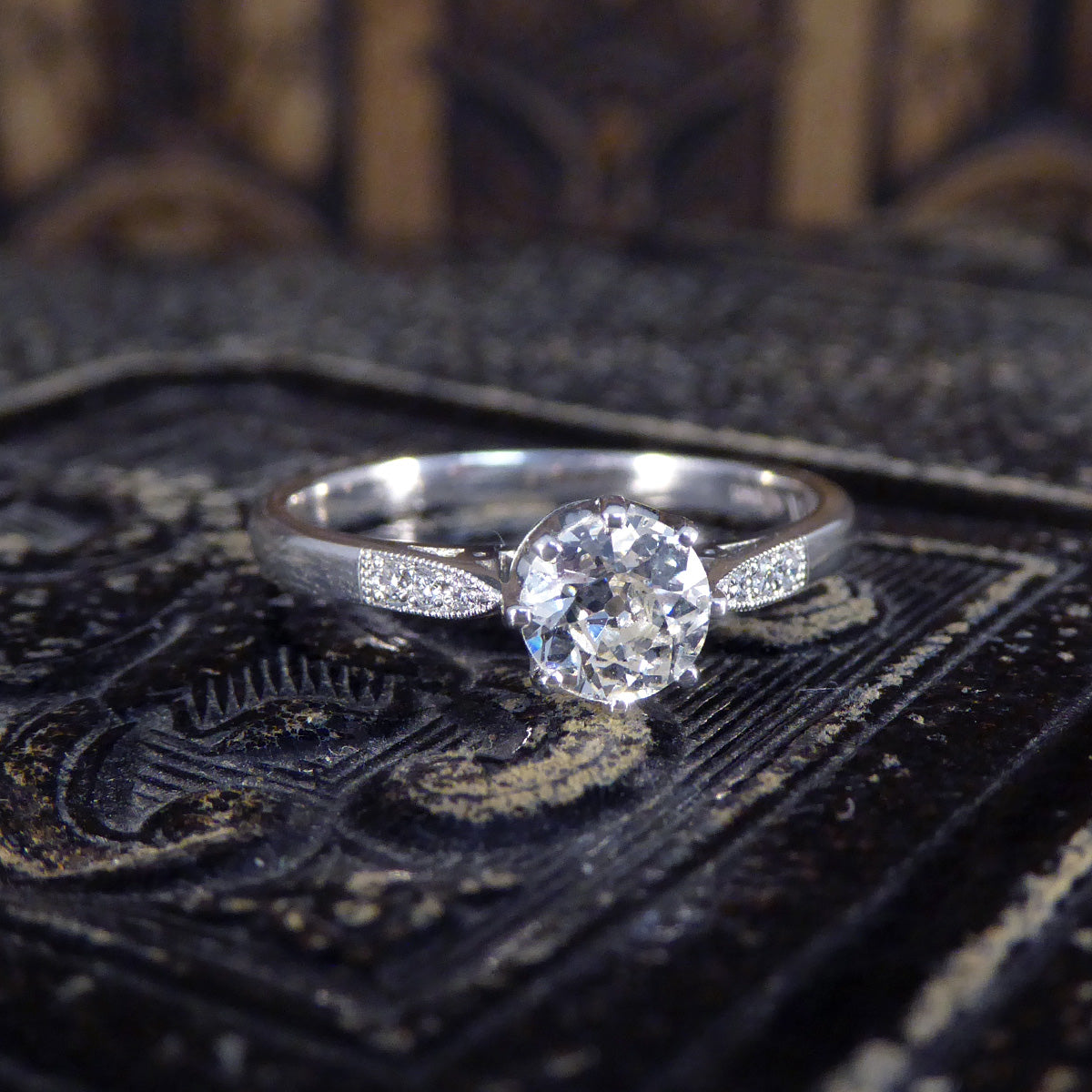 0.53ct Old Cut Diamond Solitaire with Diamond Shoulders in Platinum - Wharfedale Antiques