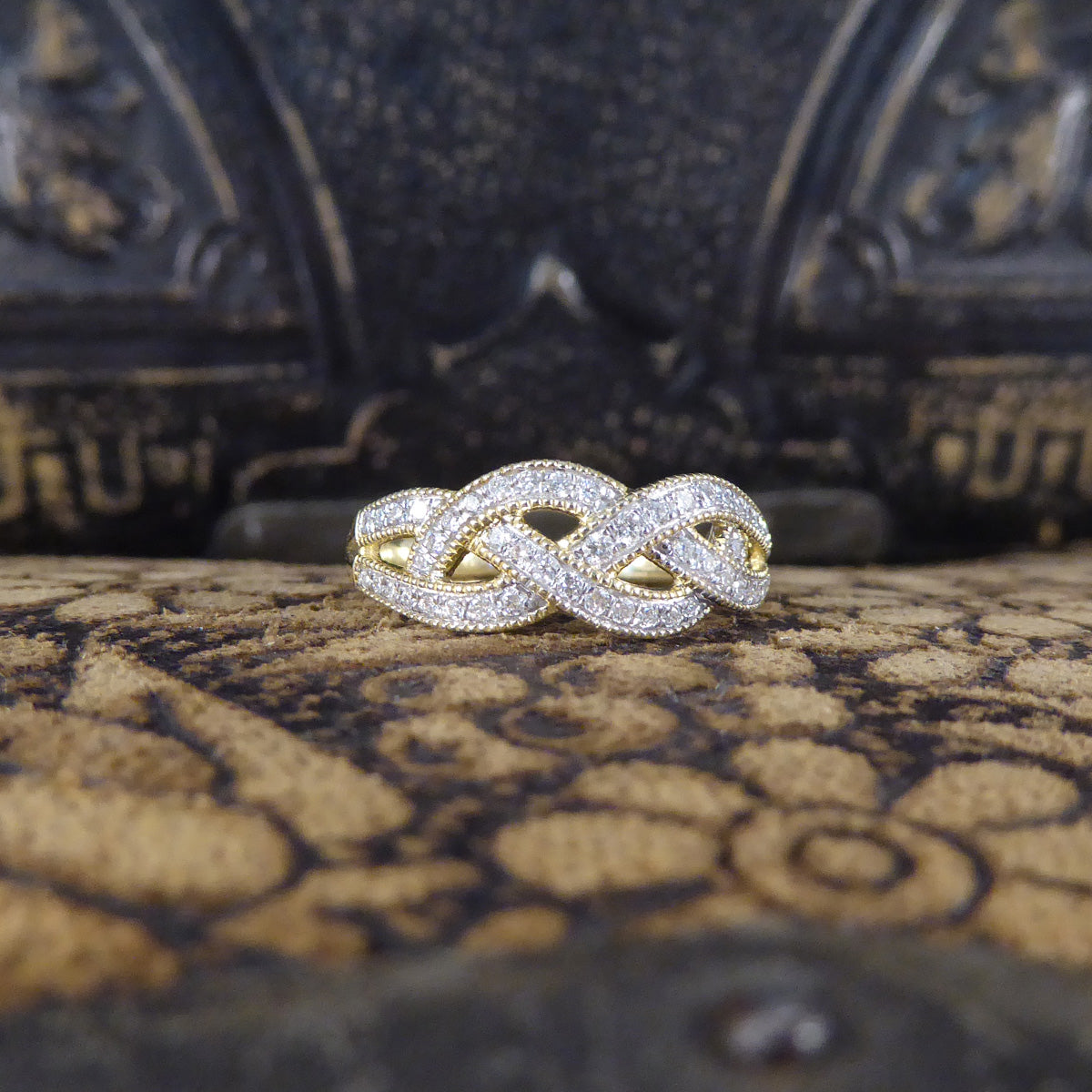 Diamond Set Milgrain Plait Half Eternity Ring in Yellow Gold - Wharfedale Antiques