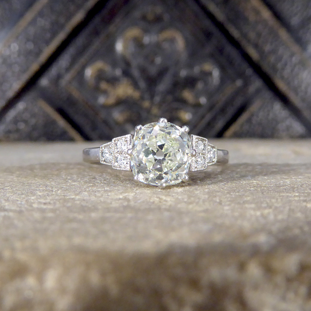 1.70ct Old European Cushion Cut Diamond Solitaire with Diamond Shoulders in Platinum - Wharfedale Antiques