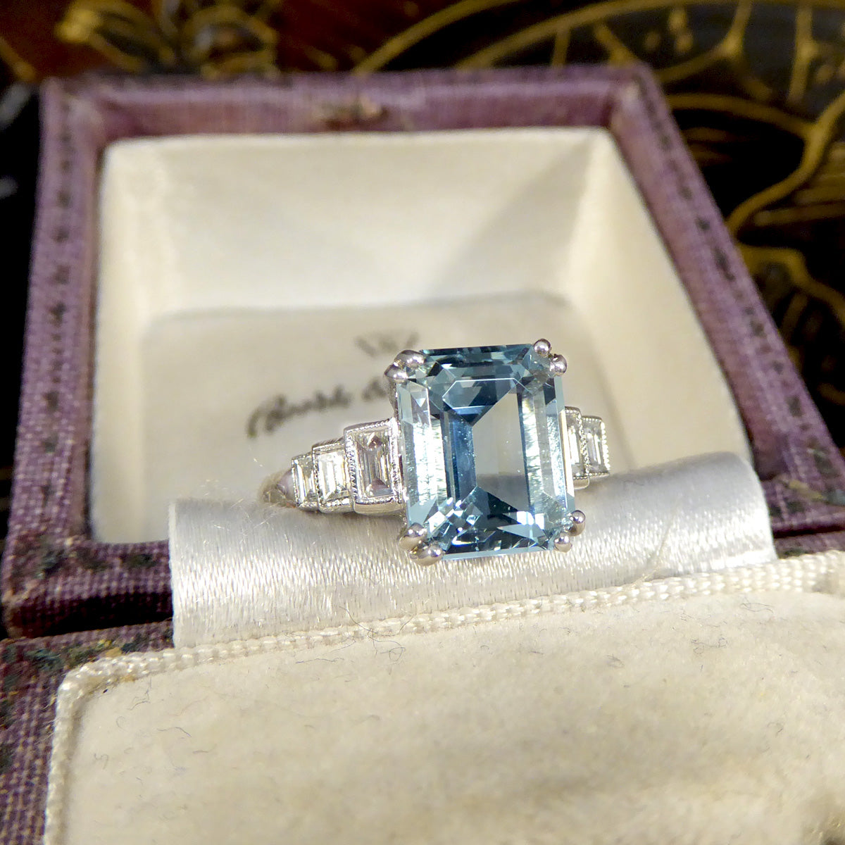 Art Deco Inspired 3.30ct Aquamarine and Diamond Staged Ring in Platinum - Wharfedale Antiques