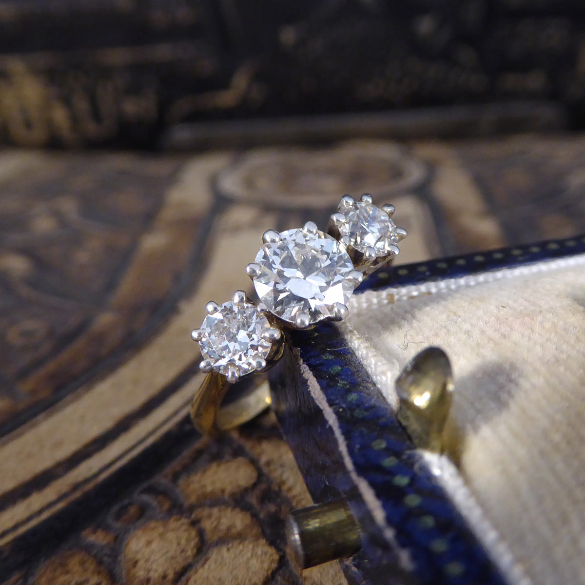 C1920's Diamond Three Stone 1.57ct Diamond Ring in 18ct Yellow Gold and Platinum - Wharfedale Antiques