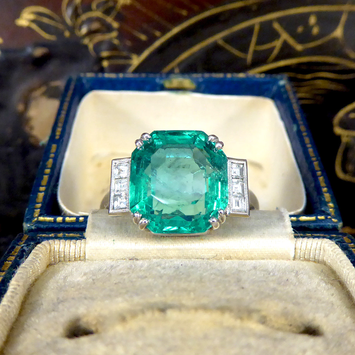 Bright 6.19ct Octagonal Cut Columbian Emerald and Diamond Ring in Platinum with Gem Cert - Wharfedale Antiques