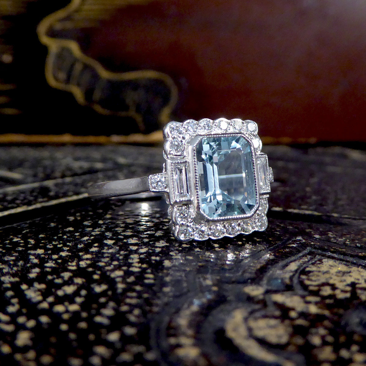 Art Deco Inspired Aquamarine and Diamond Cluster Ring in Platinum - Wharfedale Antiques