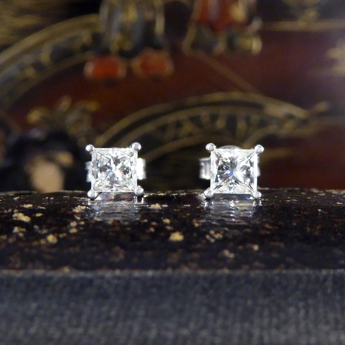 Princess Cut Diamond Stud Earrings Weighing 0.91ct in 18ct White Gold - Wharfedale Antiques