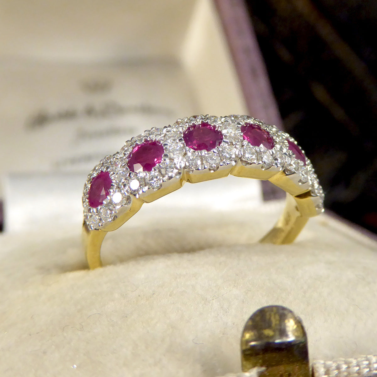 Ruby and Diamond Sextuple Cluster Ring in 18ct Yellow and White Gold - Wharfedale Antiques