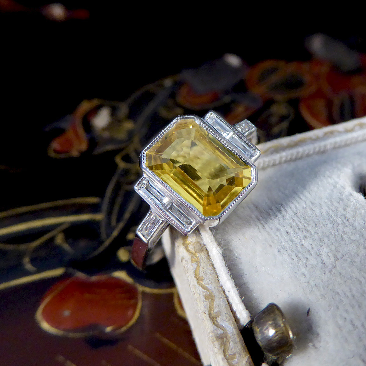 Art Deco Style Yellow Sapphire and Baguette Cut Diamond Ring in Platinum - Wharfedale Antiques