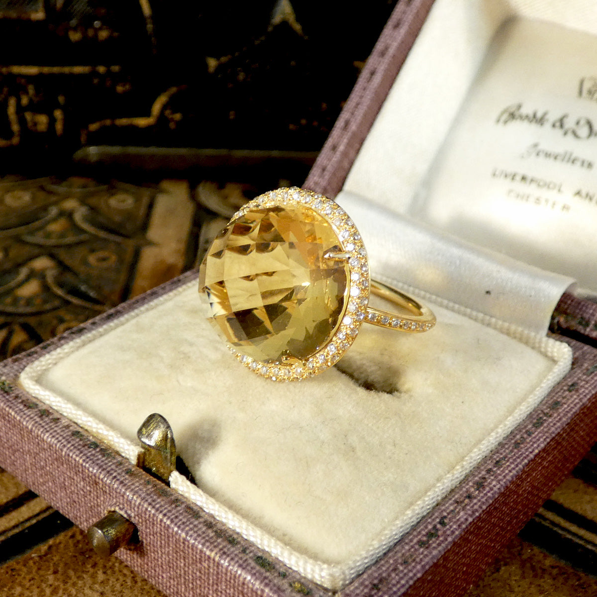 Citrine and Diamond Jelly Tot Ring in 18ct Yellow Gold with Diamond Set Shoulders - Wharfedale Antiques
