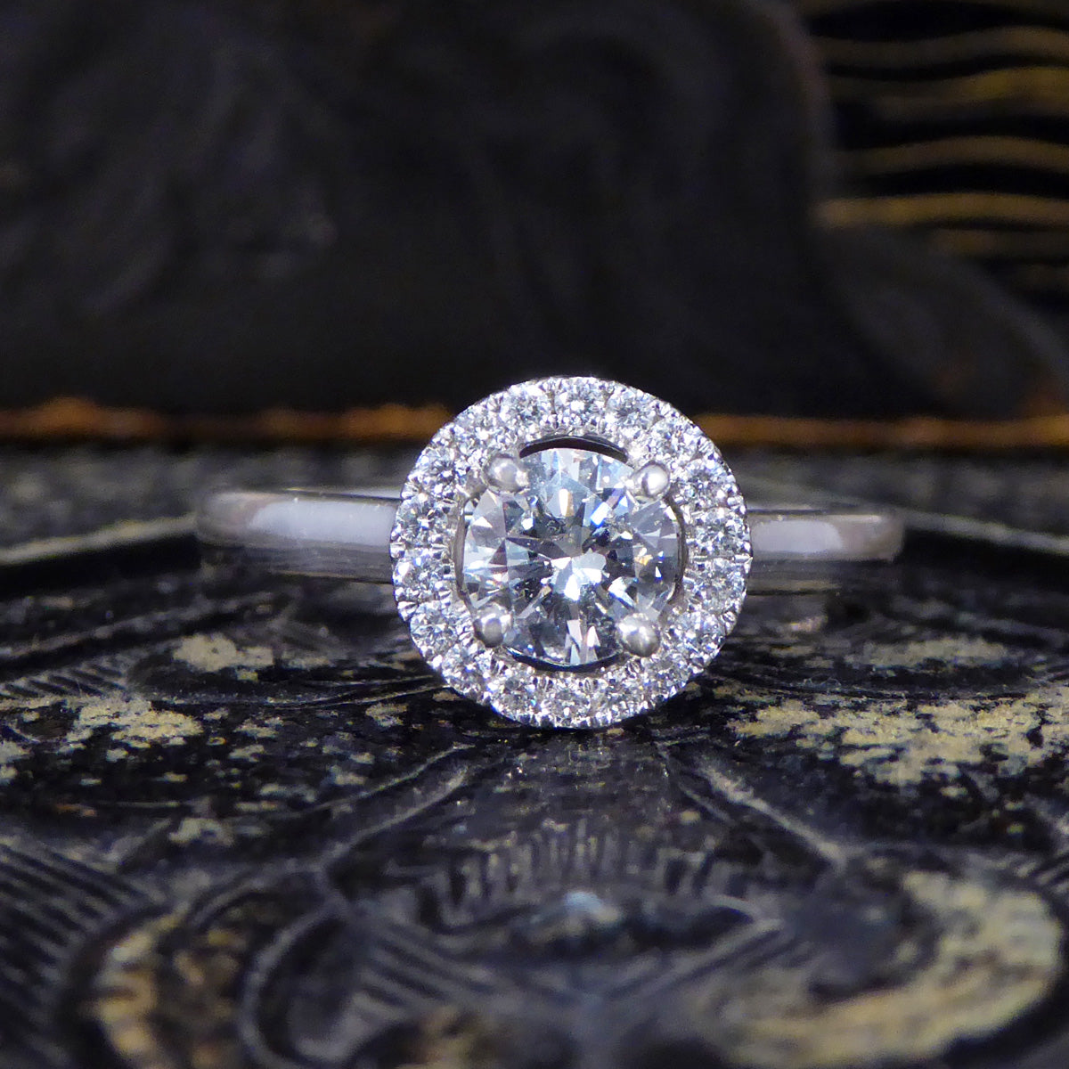 Modern Diamond Halo Cluster Wedfit Engagement Ring in Platinum - Wharfedale Antiques