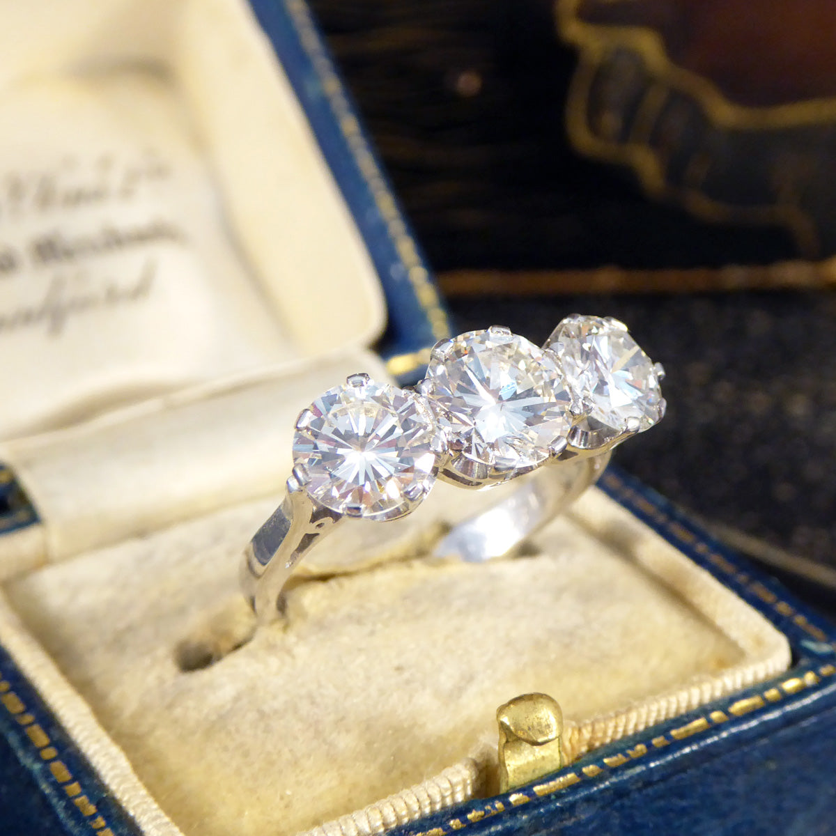 Vintage 3.20ct Brilliant Cut Diamond Three Stone Trilogy Ring in 18ct White Gold - Wharfedale Antiques