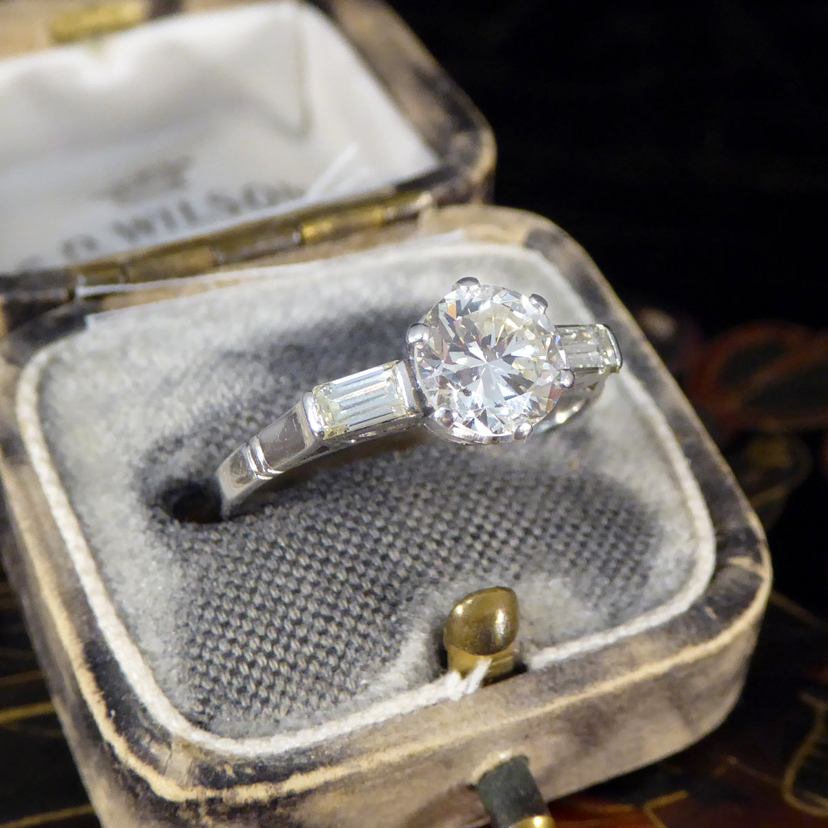 Art Deco 1.20ct Diamond Solitaire Engagement Ring with Baguette Cut Shoulders in Platinum - Wharfedale Antiques