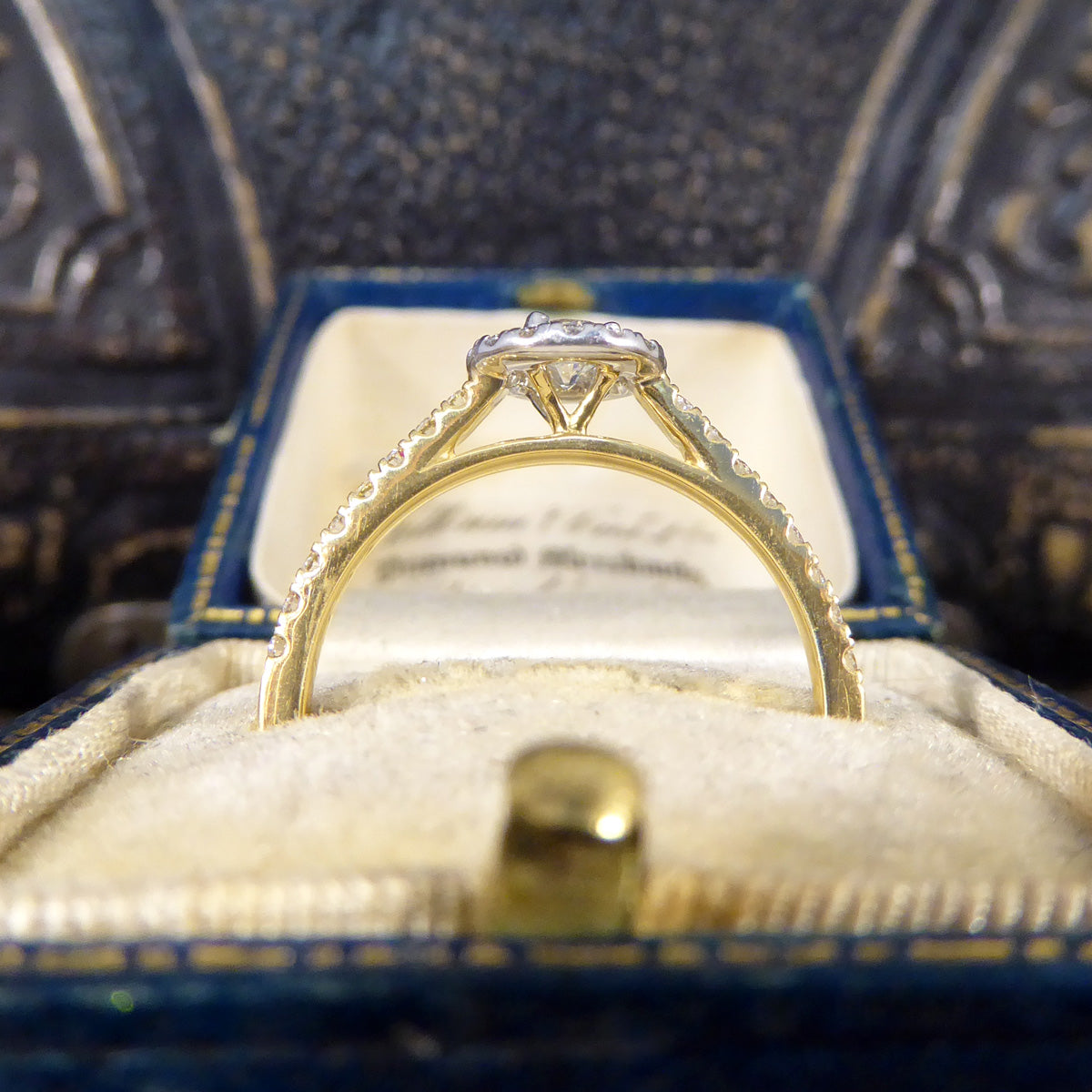 Diamond Cluster Halo Engagement Wedfit Ring with Diamond Shoulders in 18ct Yellow and White Gold - Wharfedale Antiques