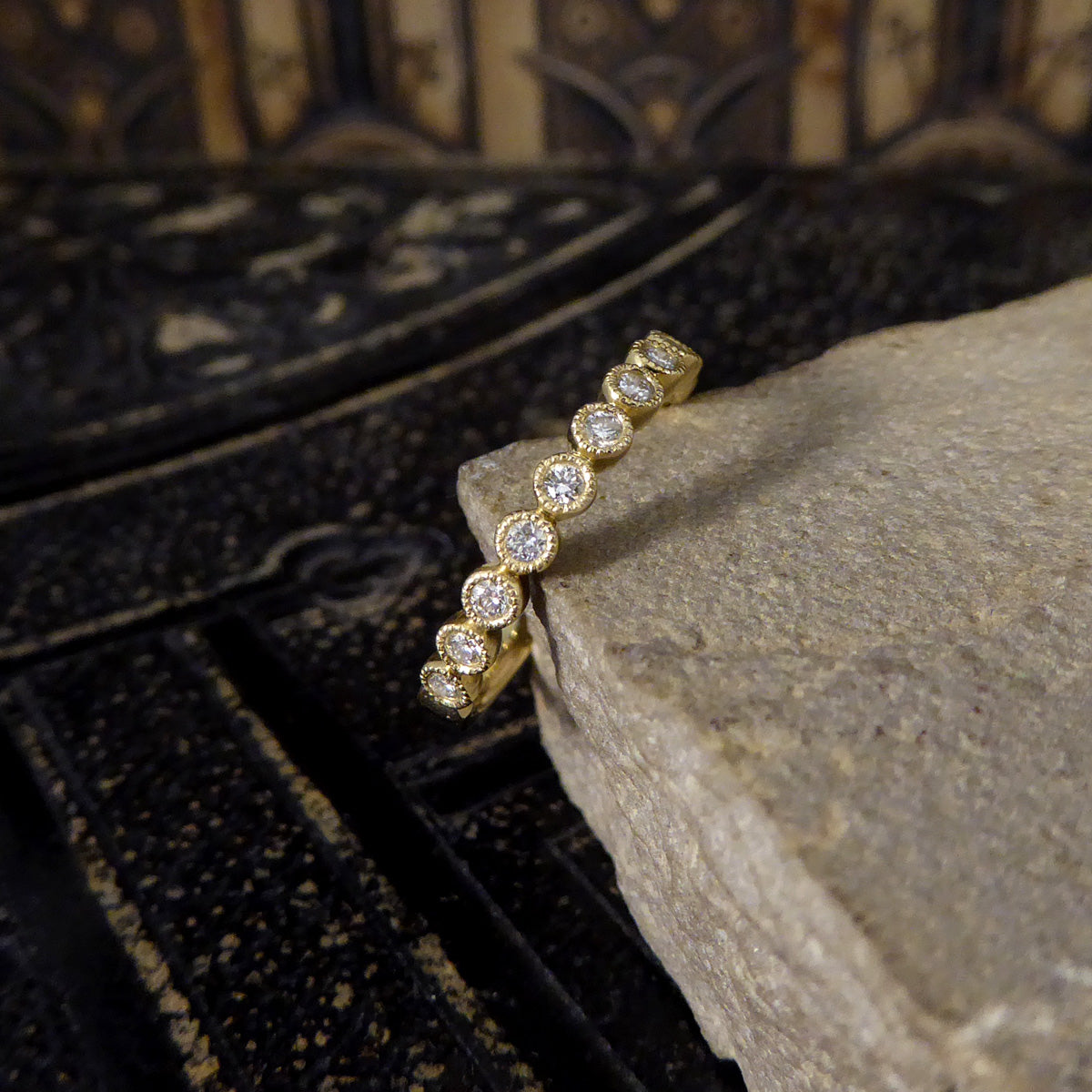 Diamond Half Eternity Ring in Circular Style Rub Over Collar Set Yellow Gold