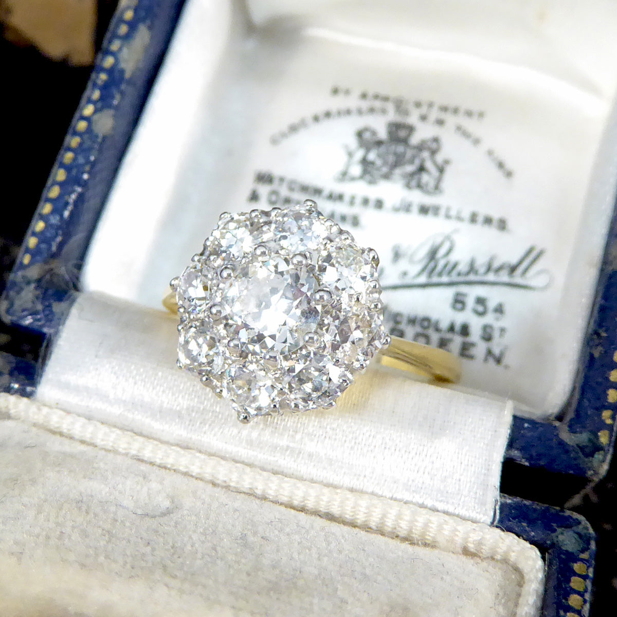 Edwardian Style 1.85ct Old Cut Diamond Daisy Cluster Ring in 18ct Yellow Gold - Wharfedale Antiques