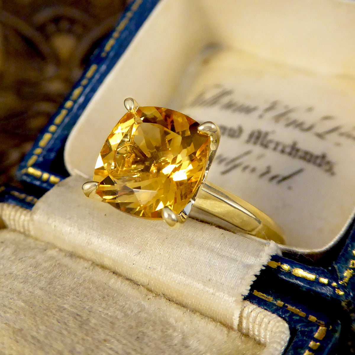 Cushion Citrene Solitaire Ring in Yellow Gold - Wharfedale Antiques