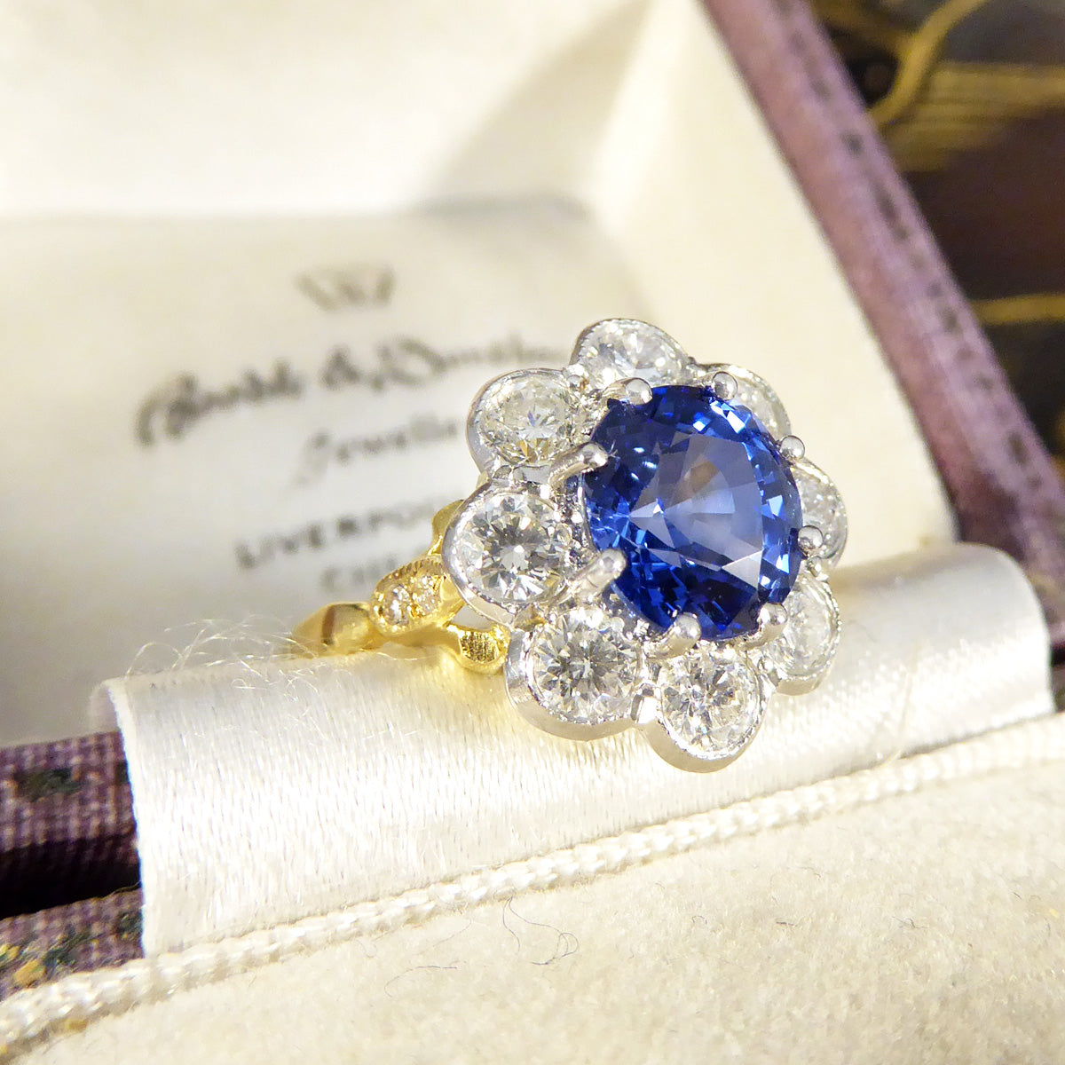 Edwardian Inspired 2.24ct Sapphire and Diamond Cluster Ring in 18ct Gold - Wharfedale Antiques