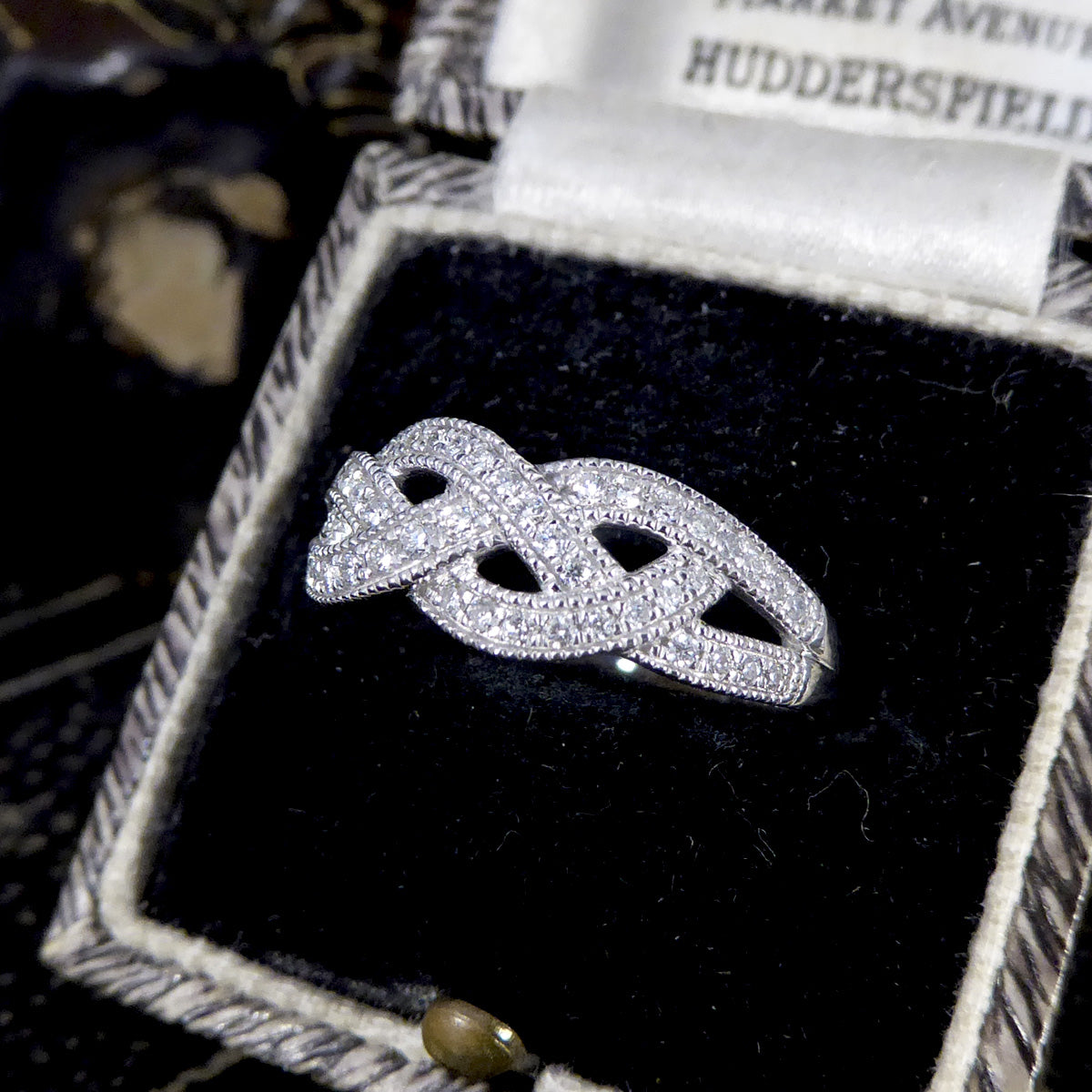 Diamond Set Milgrain Plait Half Eternity Ring in White Gold - Wharfedale Antiques