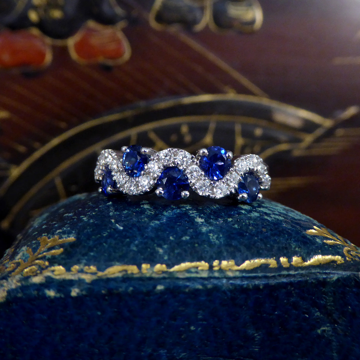 Ceylon Sapphire and Diamond Lazy River Ring in Platinum - Wharfedale Antiques