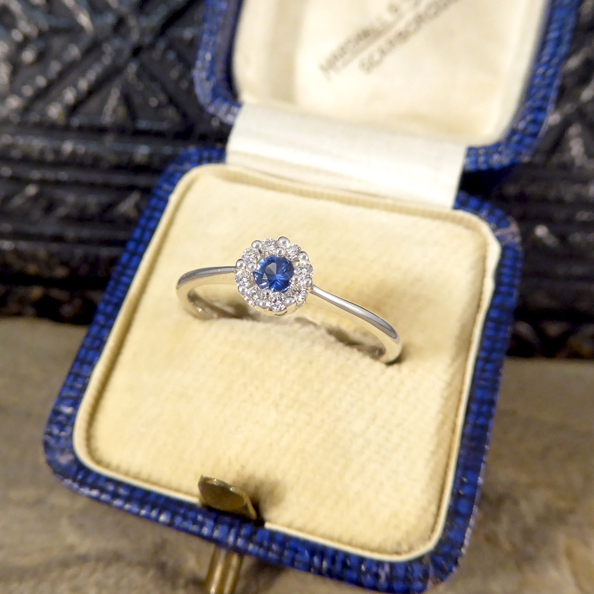 Sapphire and Diamond Circular Cluster Ring in 18ct White Gold - Wharfedale Antiques