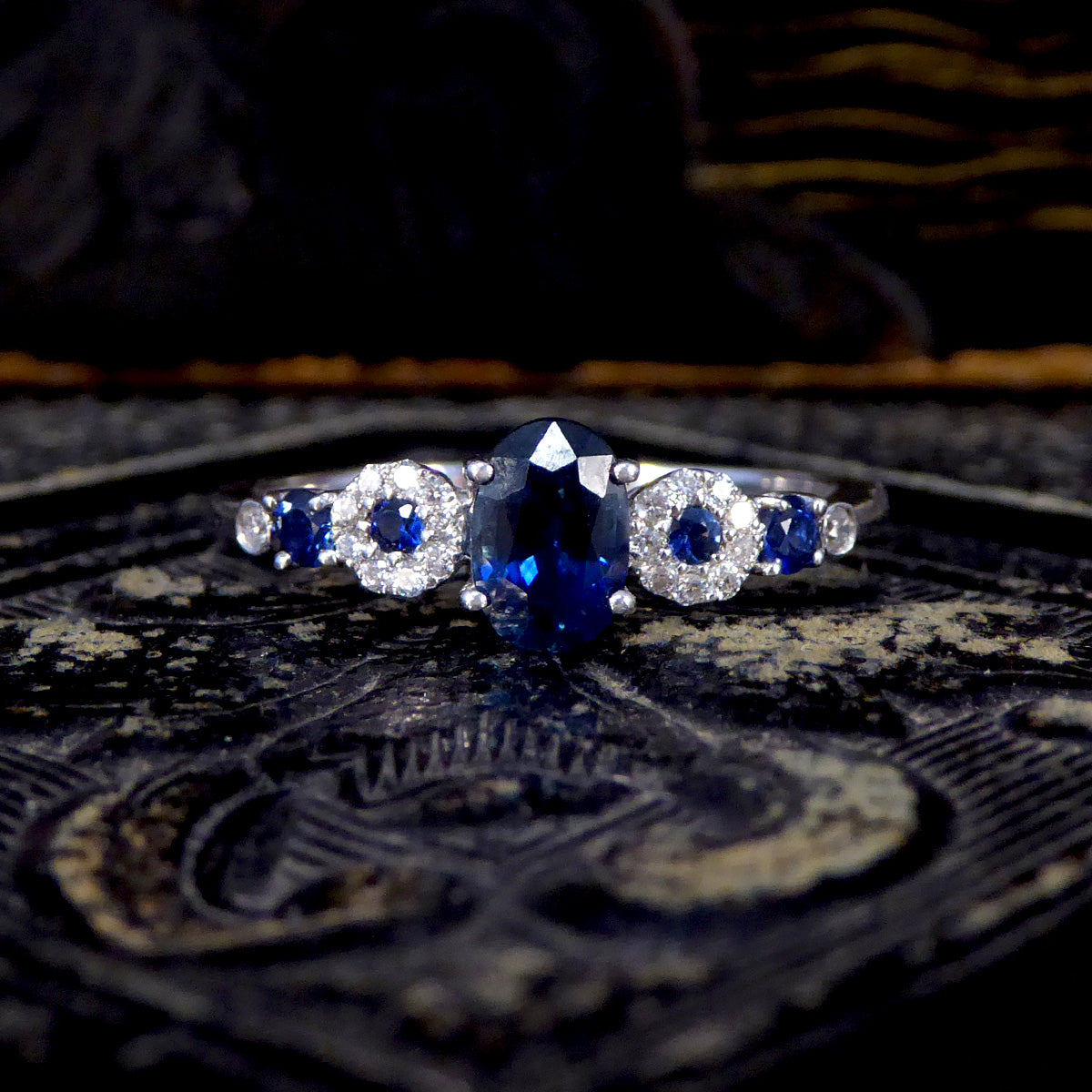 Unique Geometric Sapphire and Diamond Ring in 18ct White Gold - Wharfedale Antiques