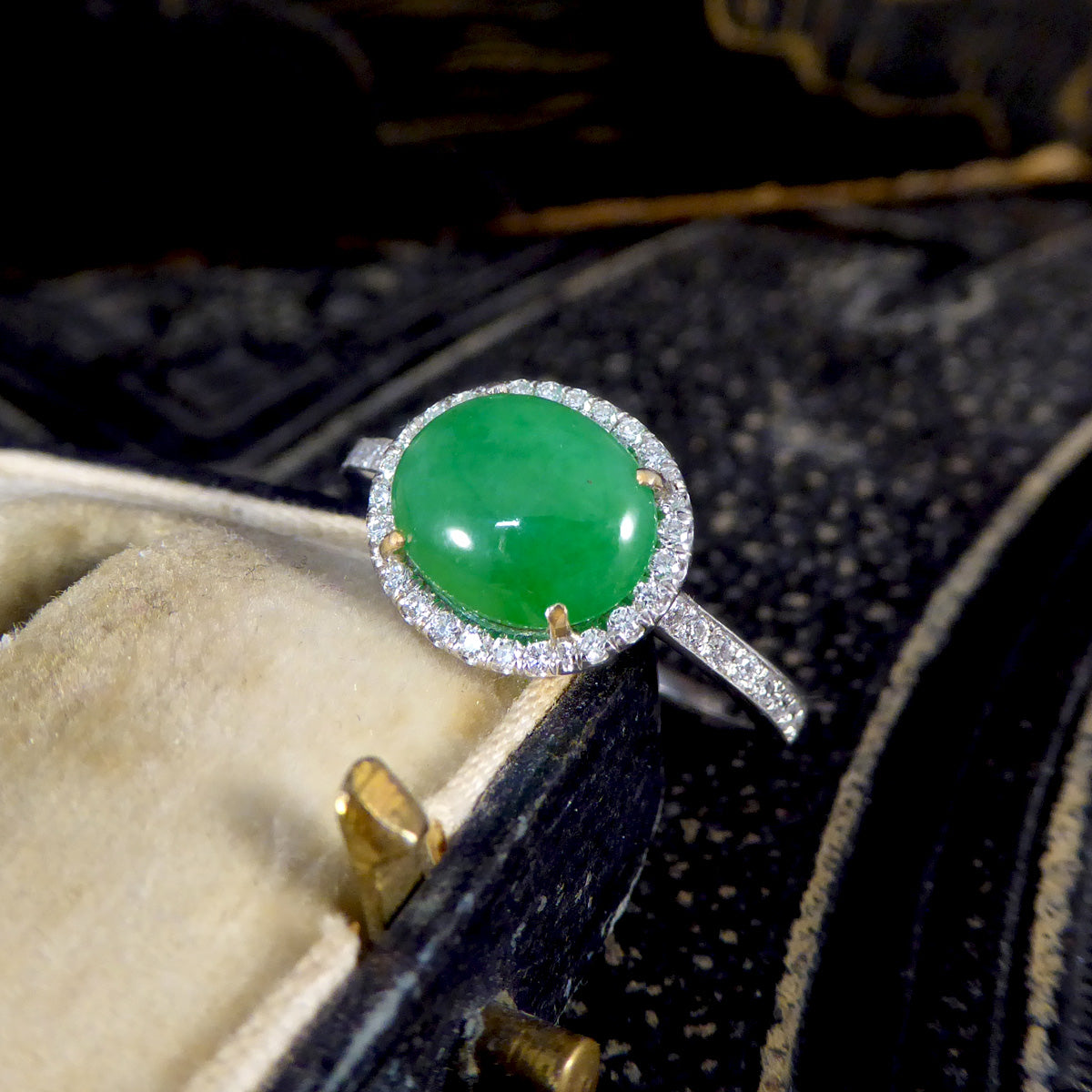 Jade and Diamond Halo Cluster ring in Platinum - Wharfedale Antiques