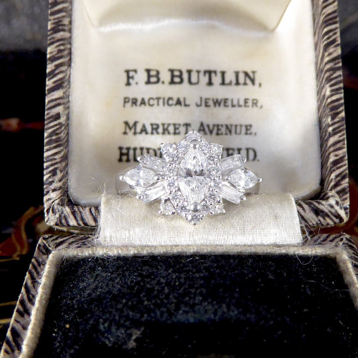 Contemporary 1.00ct Diamond Marquise Cluster Dress Ring in Platinum - Wharfedale Antiques