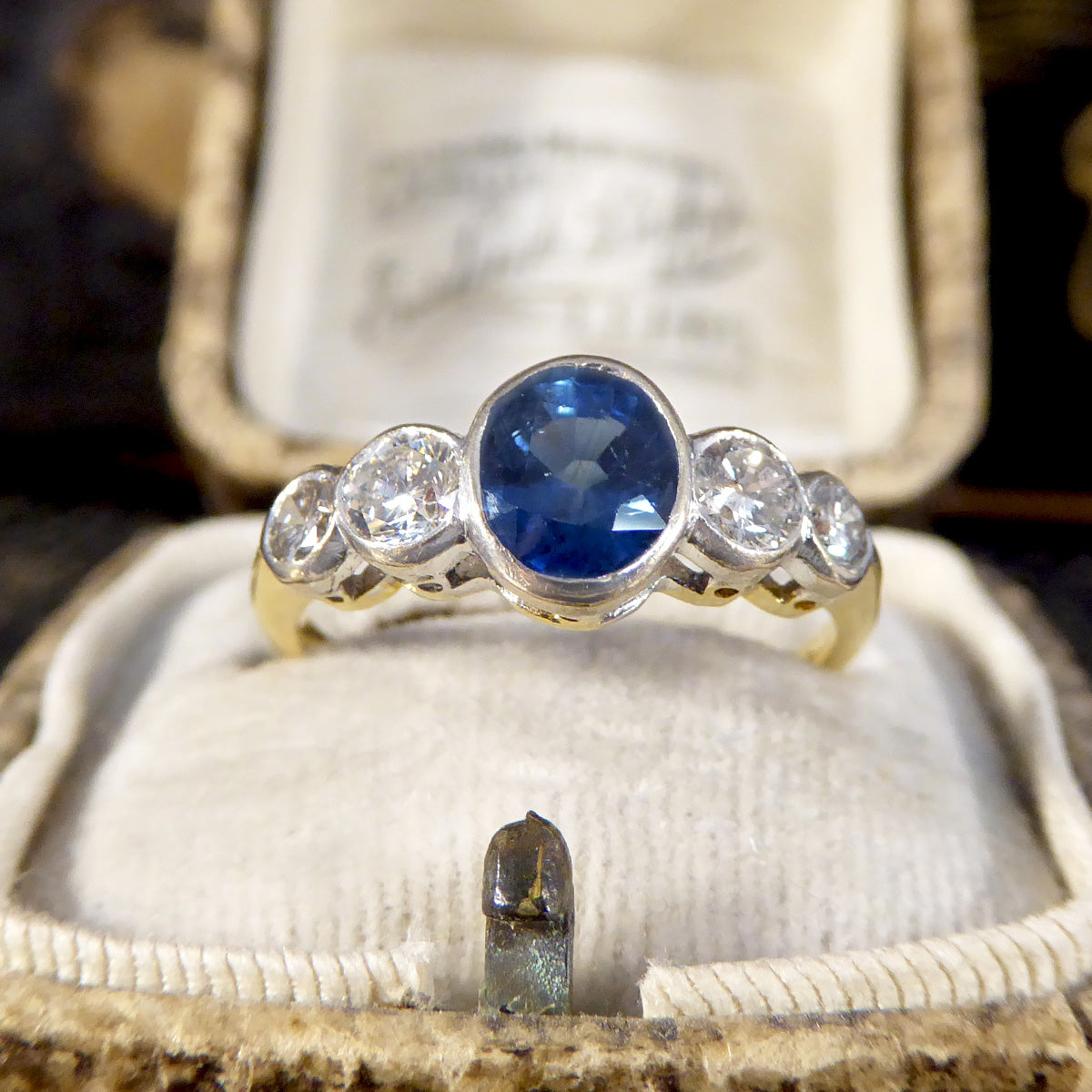 Edwardian Sapphire and Diamond Bezel Set Five Stone Ring in 18ct White and Yellow Gold - Wharfedale Antiques