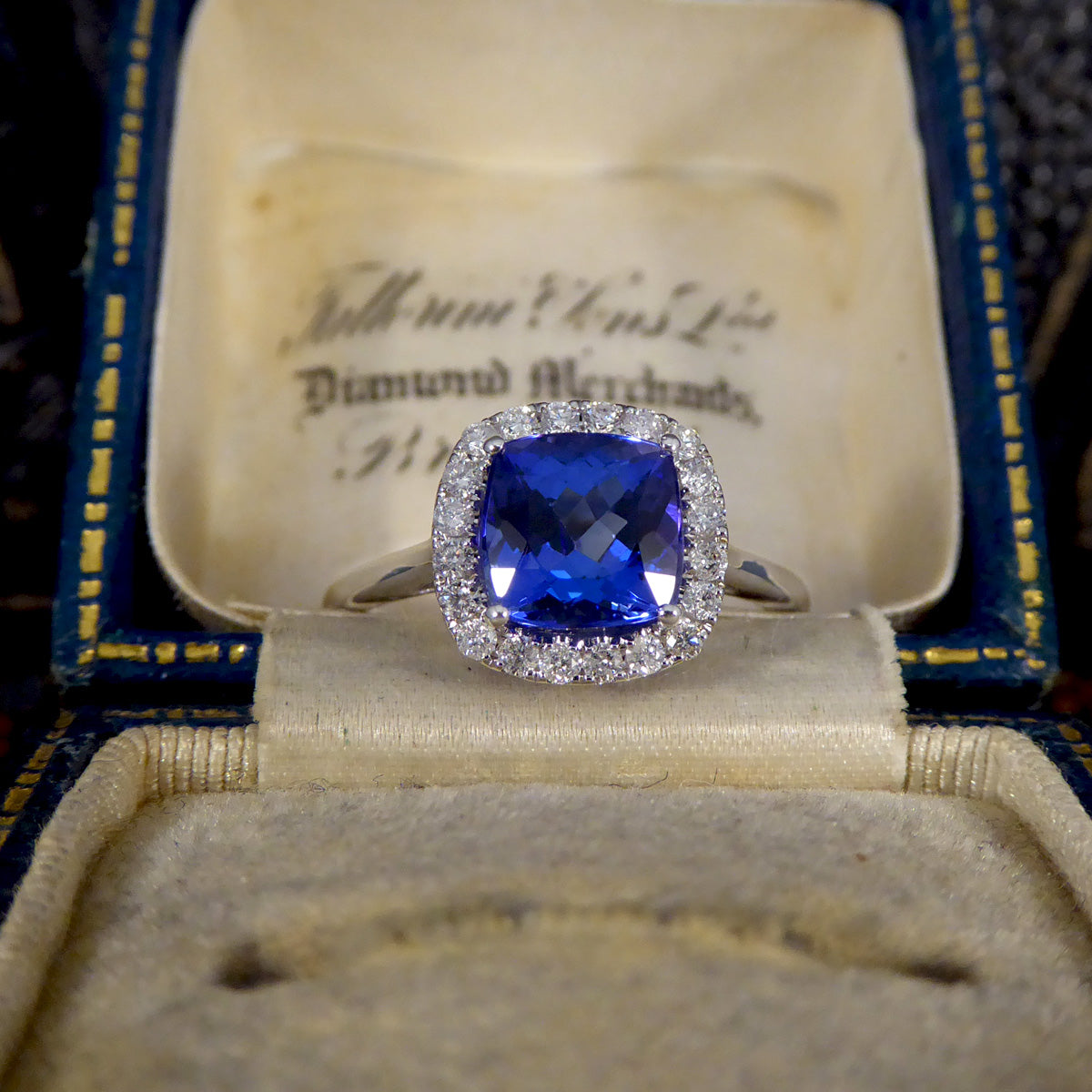 Cushion Cut Tanzanite and Diamond Cluster Ring in White Gold - Wharfedale Antiques