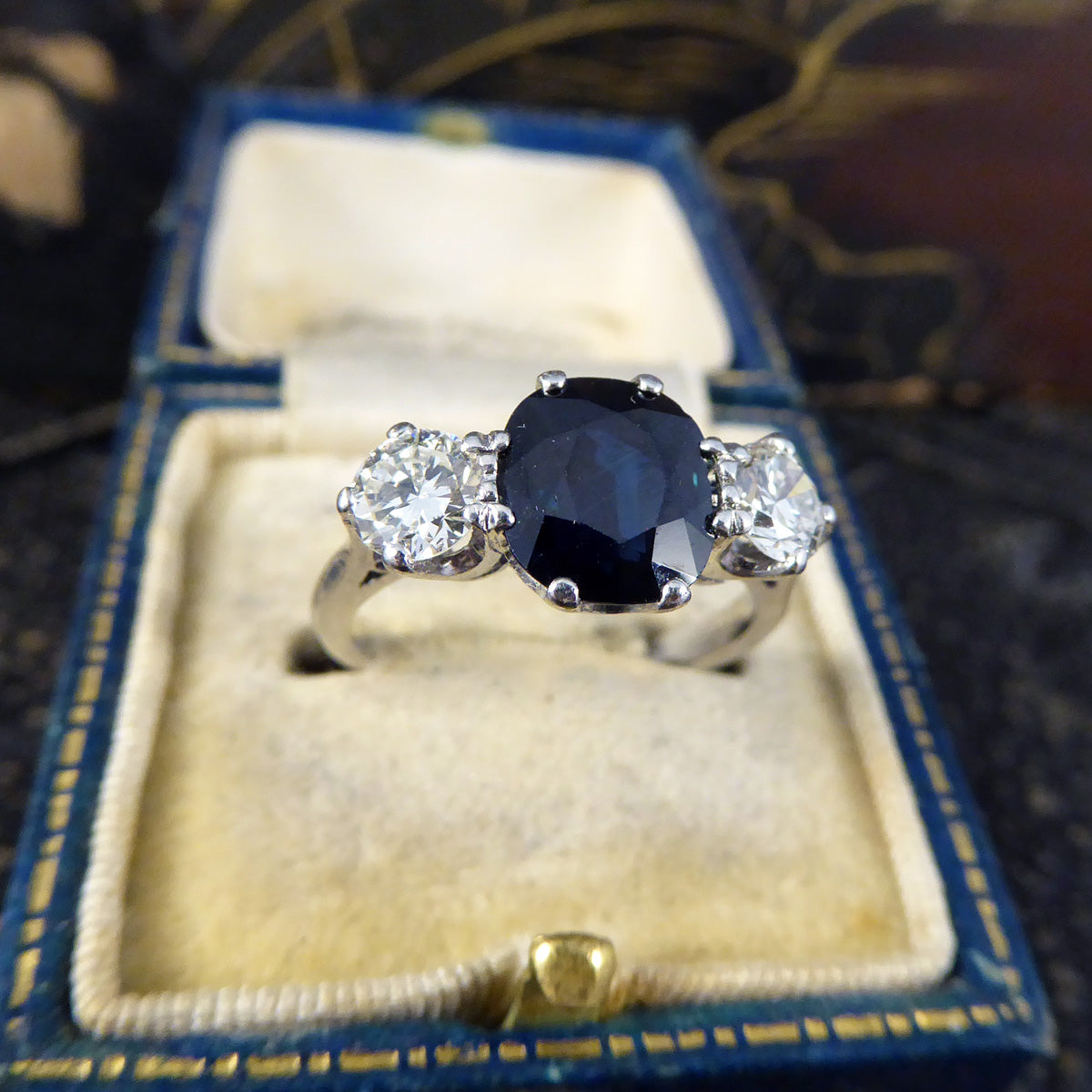 C1920s Deep Sapphire and Diamond Trilogy Ring in 18ct White Gold and Platinum - Wharfedale Antiques