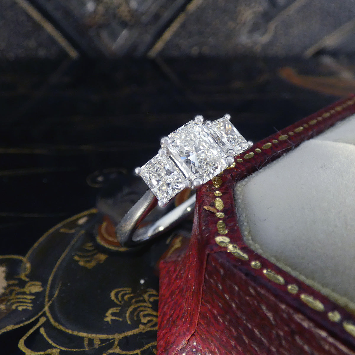 1.43ct Radiant Cut Diamond GIA Cert F/VS Three Stone Ring in Platinum - Wharfedale Antiques