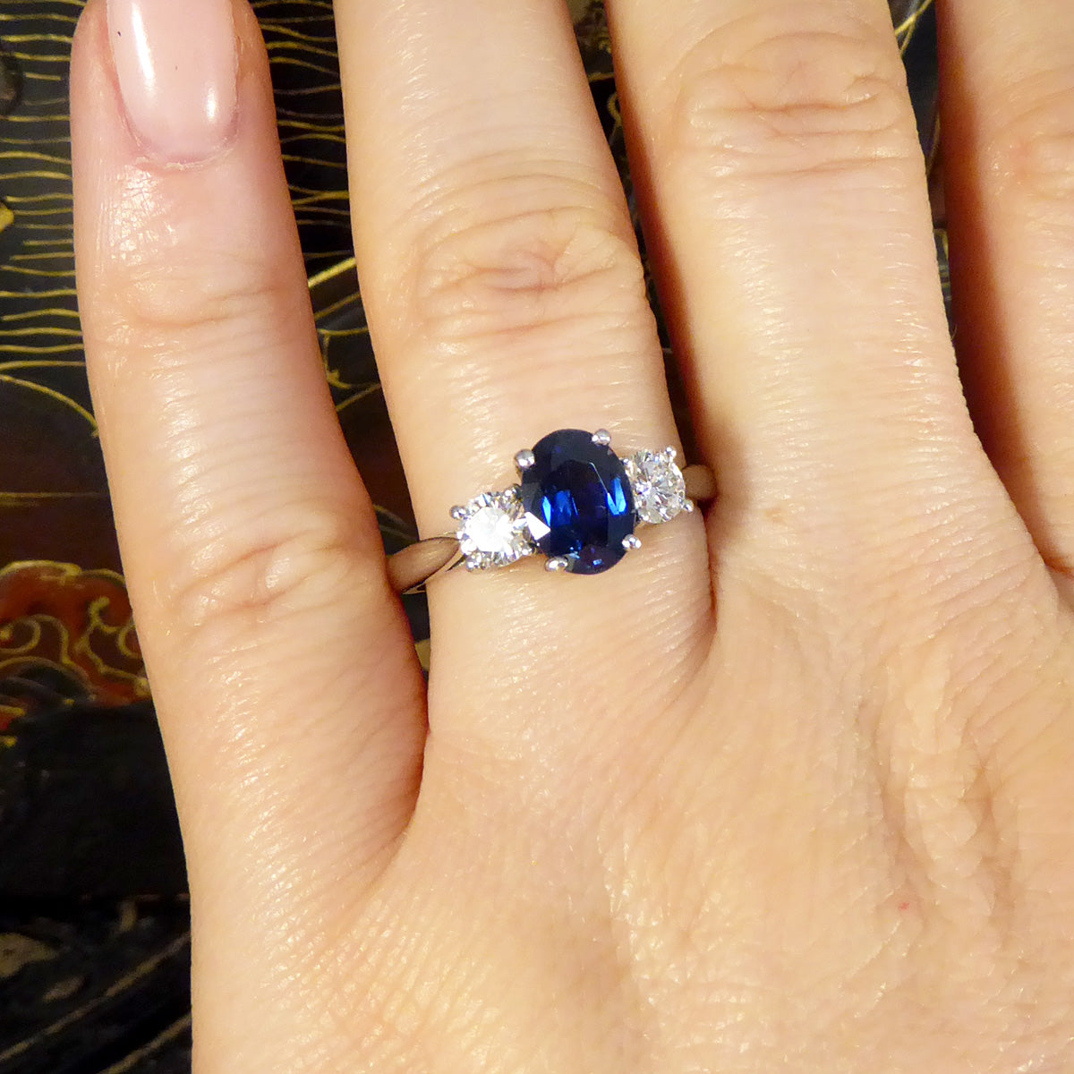 Oval Cut 1.75ct Sapphire and Diamond Three Stone Ring in Platinum - Wharfedale Antiques