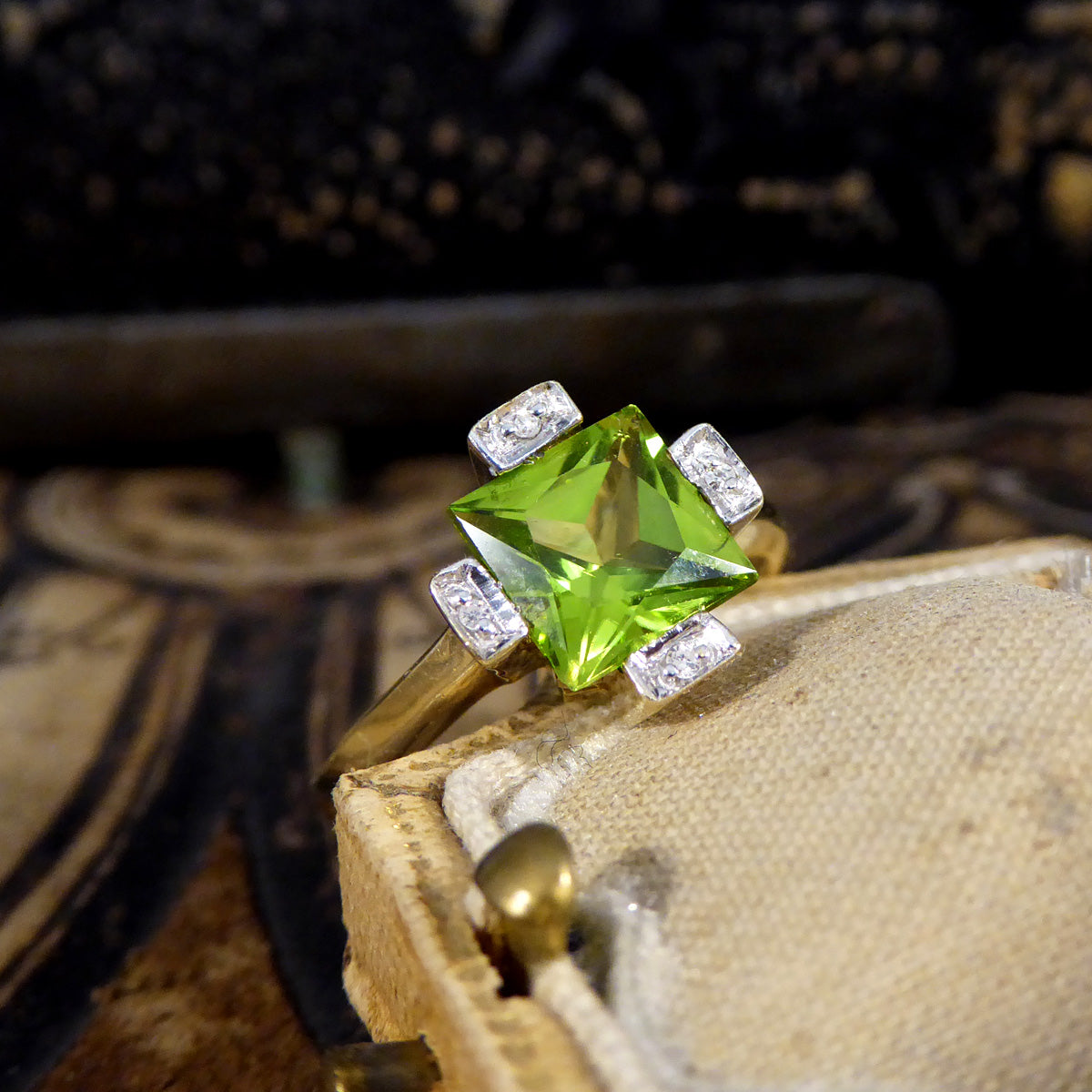 Vintage Peridot and Diamond Geometric Ring in Yellow Gold - Wharfedale Antiques